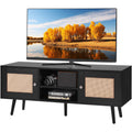 Rattan TV Stand, Boho TV Cabinet For 55 Inch TV, Mid Century Modern TV Stand, Rattan TV Console With Adjustable Shelfs For  Living Room, Media Room, Black