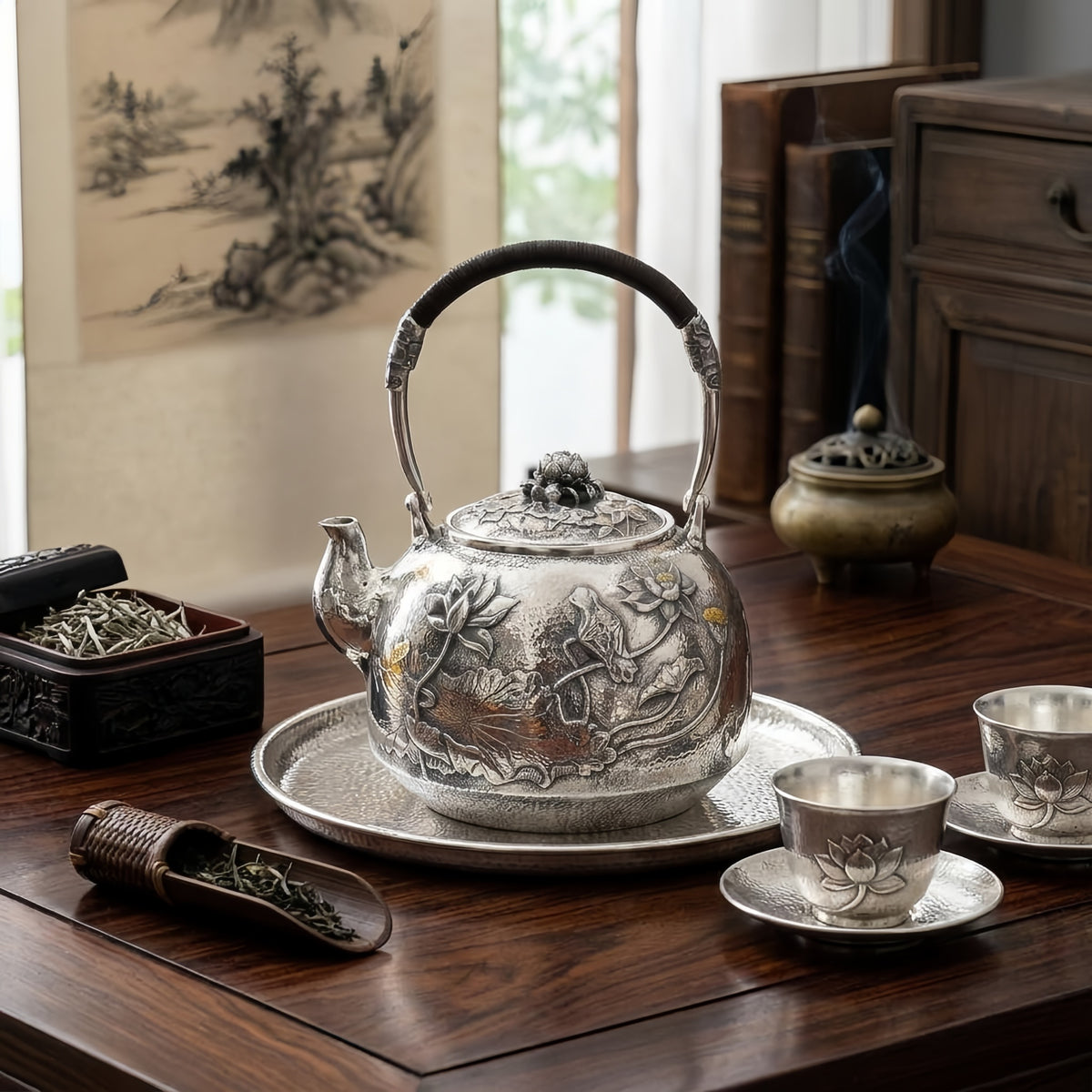 925 Sterling Silver Artisanal Silver Teapot Featuring Intricate Lotus Pond Engravings and Hammered Texture - Handicraft