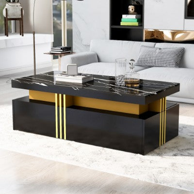 Modern White Rectangular Coffee Table With Marble Pattern Triamine Board Top And 2 Wooden Drawers, Living Room Table, 100x50x40cm
