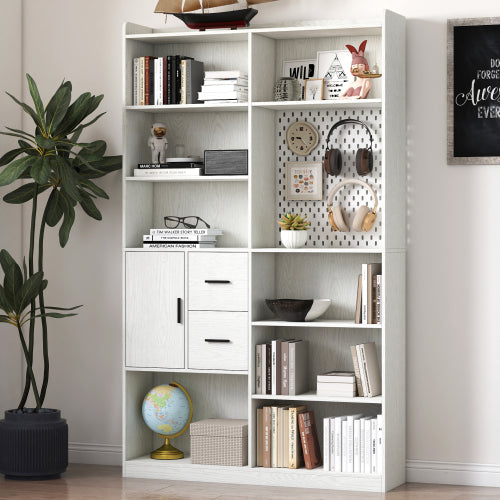 Bookshelf And Bookcase With Pegboard And Drawer, 9 Cubby Display Book Shelves, Modern Wide Wood Shelving Unit For Living Room, White
