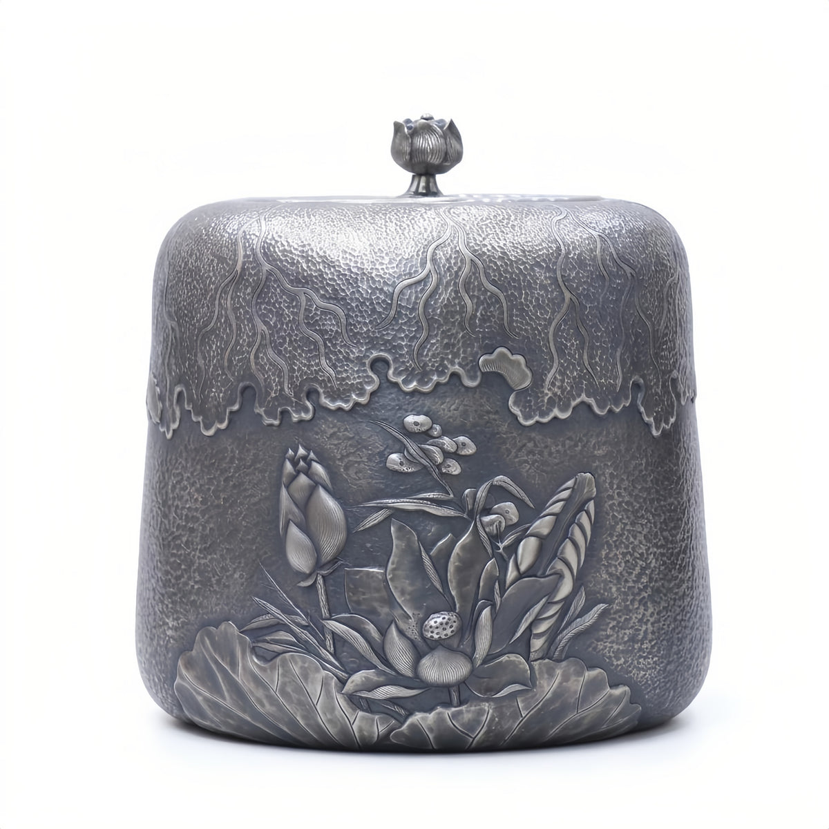 Pure 999 Fine Silver Exquisite Hammered Pewter-Tone Tea Canister with Detailed Lotus Floral Relief and Bud Finial - Handicraft