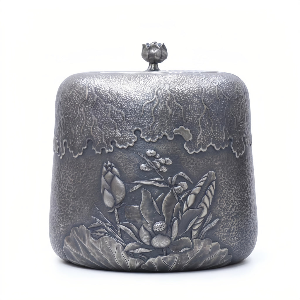 Pure 999 Fine Silver Exquisite Hammered Pewter-Tone Tea Canister with Detailed Lotus Floral Relief and Bud Finial - Handicraft