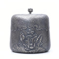 Pure 999 Fine Silver Exquisite Hammered Pewter-Tone Tea Canister with Detailed Lotus Floral Relief and Bud Finial - Handicraft