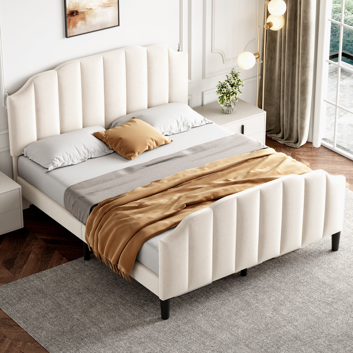 4ft6 Double Upholstered Bed Frame With Adjustable Chic Channel-Tufted Headboard, Velvet Platform Bed Frame With Solid Wood Slat And Mute Foam, No Box Spring Needed, Easy Assembly, Beige No Mattress