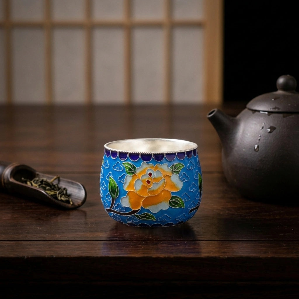 925 Sterling Silver Hand-Painted Ceramic Cup with Vibrant Floral Motif and Traditional Craftsmanship - Handicraft