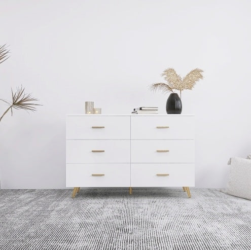 High Glossy Surface 6 Drawers Chest Of Drawer With Golden Handle And Golden Steel Legs White Color Vanity