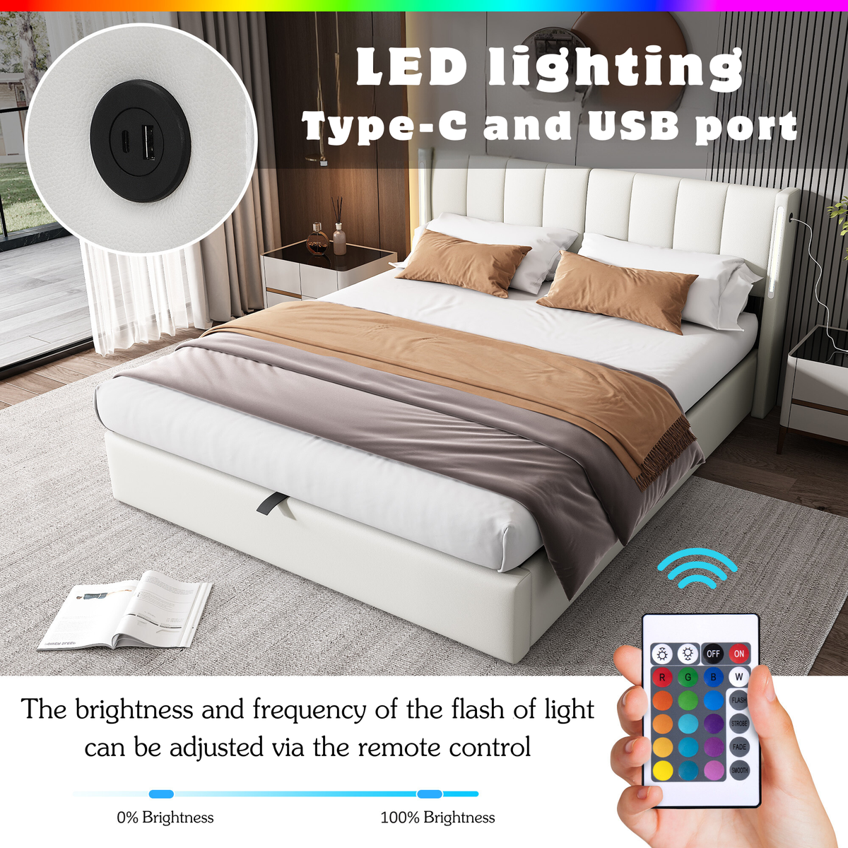 LED Upholstered Bed ,Double Bed-4ft6 135x190cm, Hydraulic Bed, Rechargeable USB Port In Bed, With LED Lighting, With Storage Space, Adjustable Headboard, PU , White