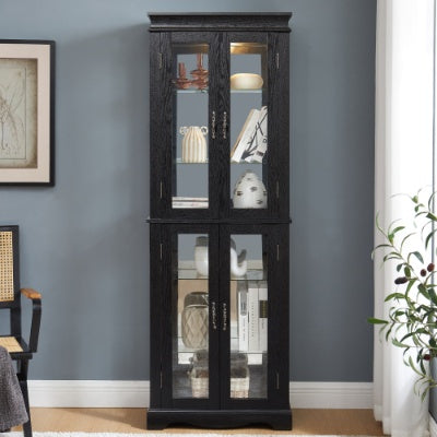 Lighted Glass Curio Display Cabinet,Display Cabinet,Glass Storage Cabinet Glass Wine Cabinet Wood Frame Toy Display For Living Room, Kitchen, Pantry Light Bulb Included Cherry