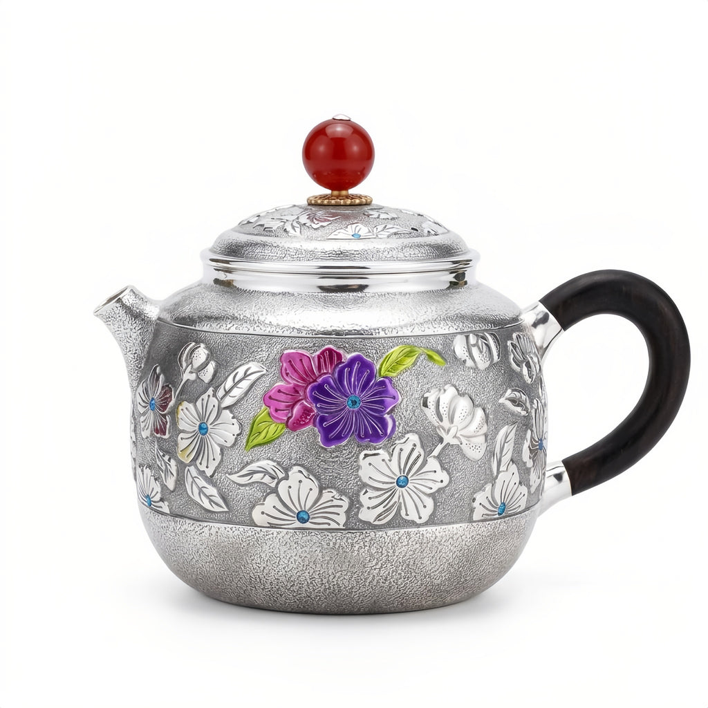Pure 999 Fine Silver Exquisite Handcrafted Silver Teapot with Colorful Enamel Floral Details and Red Gemstone Finial - Handicraft