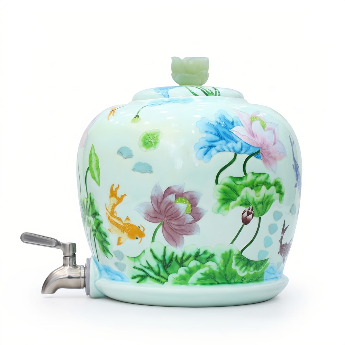 925 Sterling Silver Elegant Lotus and Koi Hand-Painted Ceramic Beverage Dispenser with Metal Tap - Handicraft