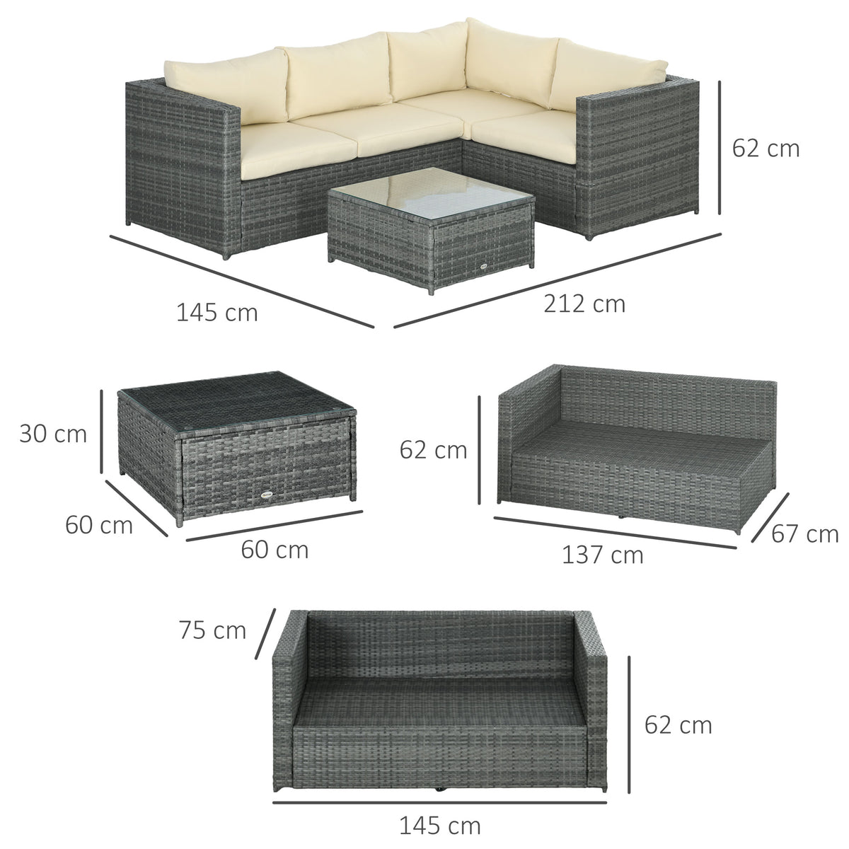 3 Pieces PE Rattan Garden Furniture Set With 10 Cm Thick Cushions, 4 Seater Garden Corner Sofa Set With Glass Top Coffee Table, Outdoor Furniture For Patio, Porch, Beige