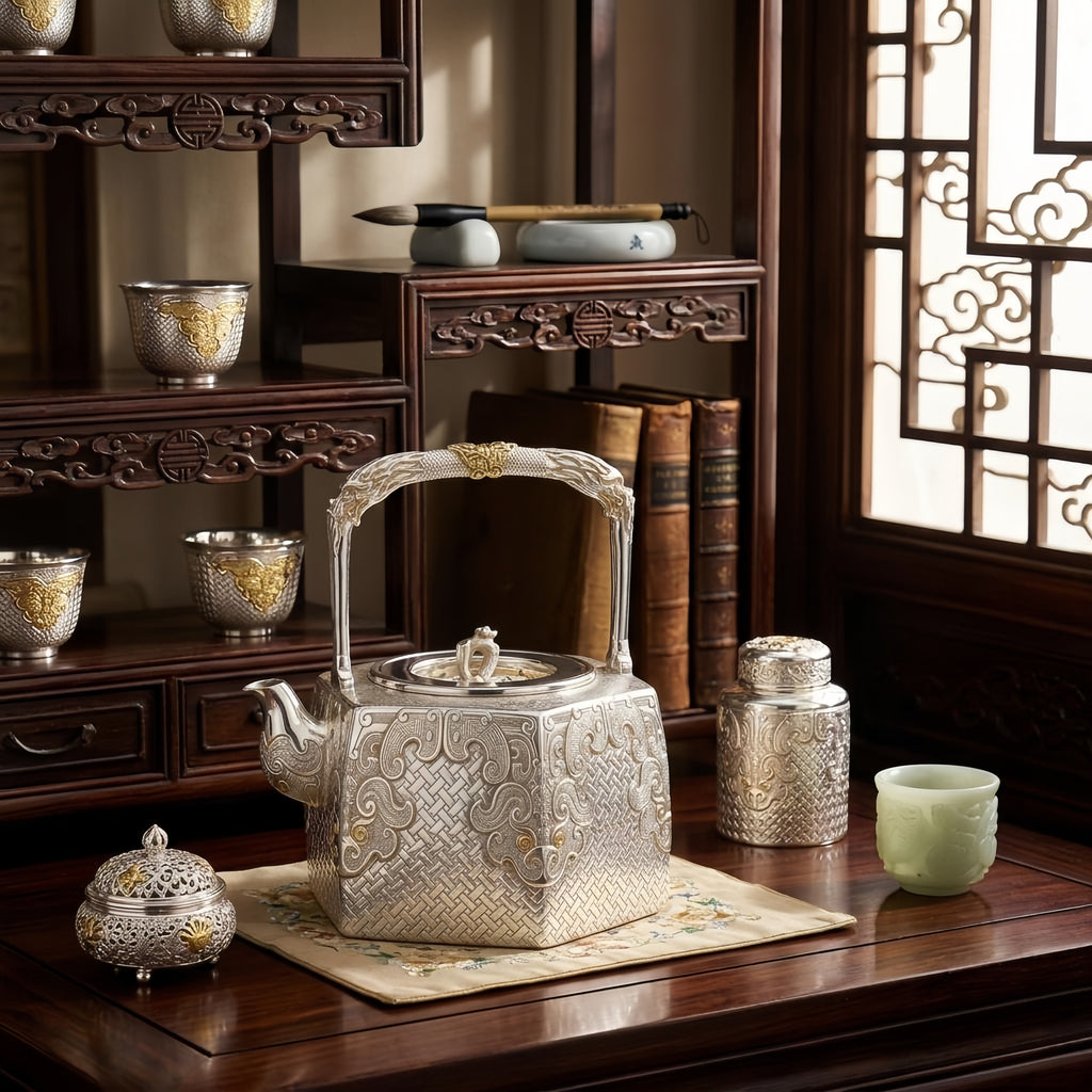 Pure 999 Fine Silver Ornate Handcrafted Silver Kettle with Intricate Basketweave and Mythical Motifs - Handicraft