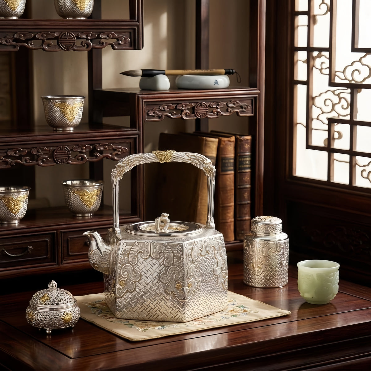 Pure 999 Fine Silver Ornate Handcrafted Silver Kettle with Intricate Basketweave and Mythical Motifs - Handicraft