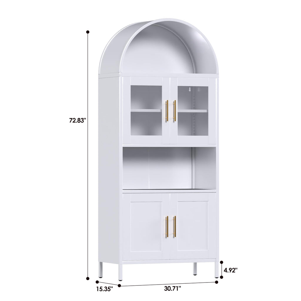 Metal Arched Cabinet,73'' Kitchen Pantry Storage Cabinet With Doors Shelves, White Arched Bookcase Display Bookshelf For Home Office Bar Living Room, Assemble Require