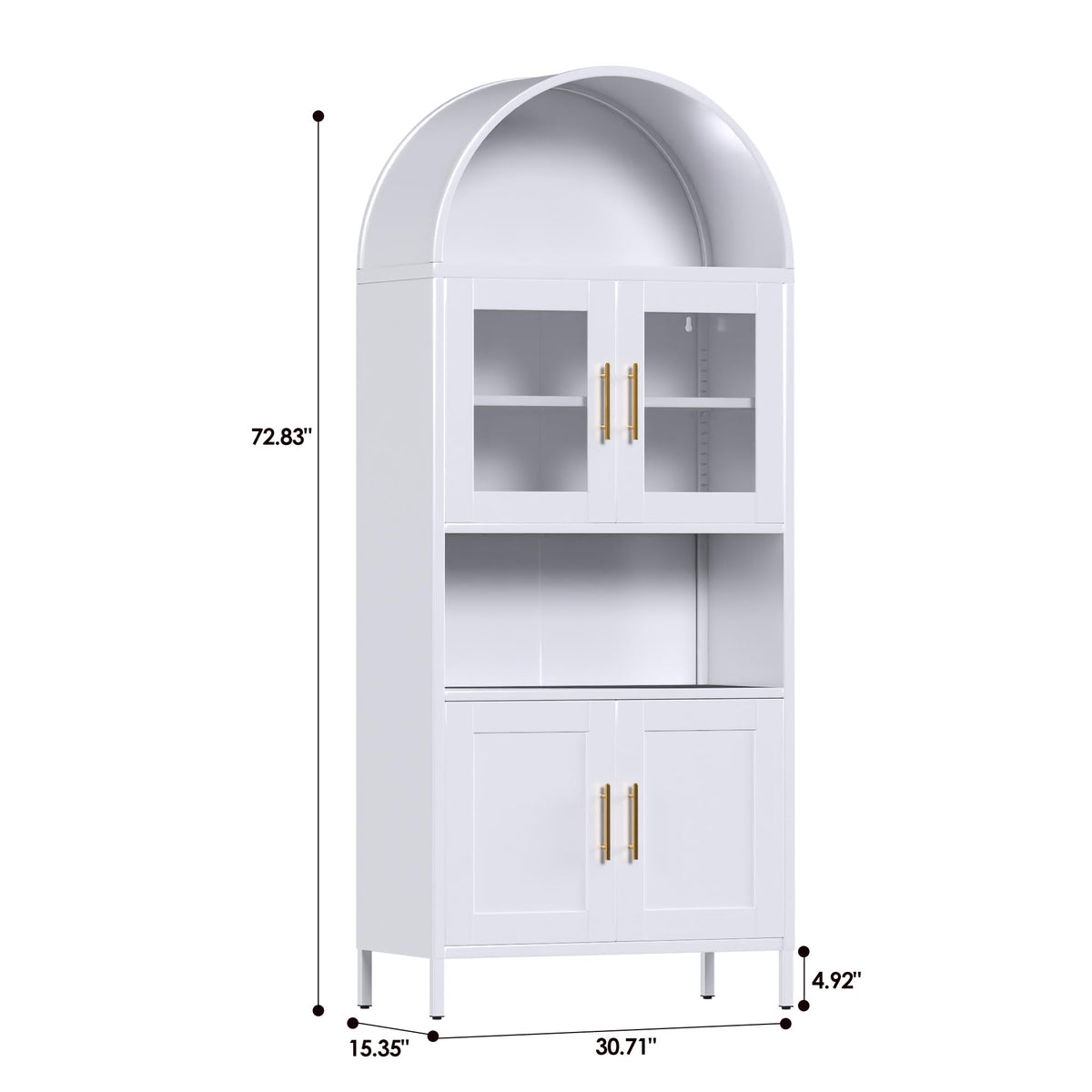 Metal Arched Cabinet,73'' Kitchen Pantry Storage Cabinet With Doors Shelves, White Arched Bookcase Display Bookshelf For Home Office Bar Living Room, Assemble Require