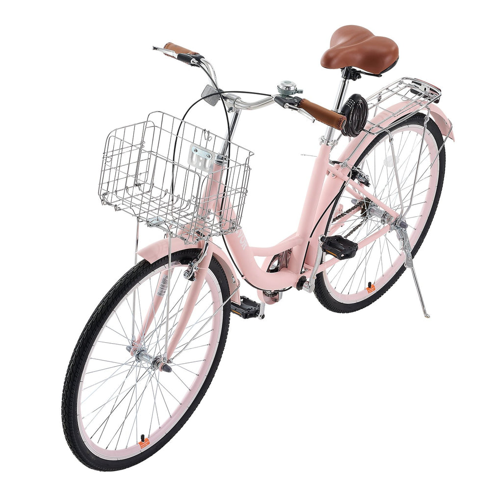 Cruiser Bike, 1-Speed, 26-Inch Pink Beach Cruiser Bike With Large Capacity Basket And Rear Rack, Secure & Sturdy Cruiser Bike With Adjustable Seat, Fits For Cycling, Exercise & Shopping