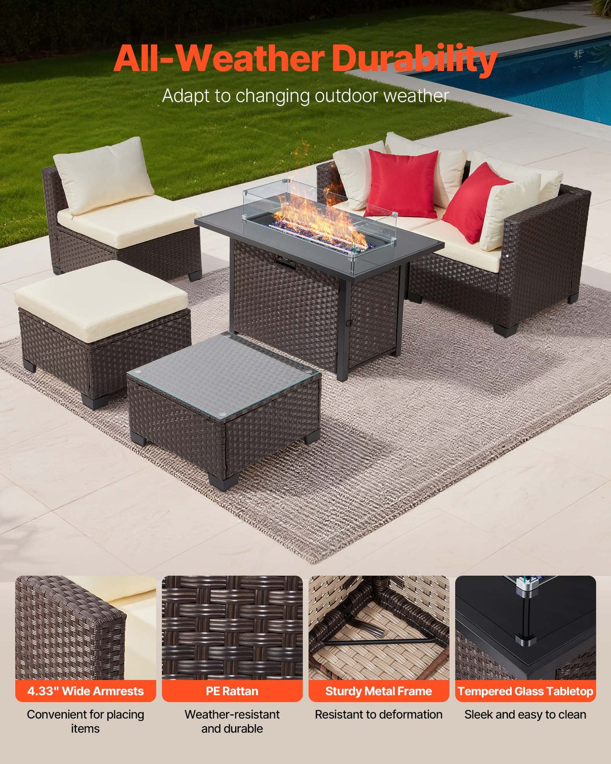 6-Piece Outdoor Patio Furniture Set, Wicker Rattan Outdoor Sectional Conversation Set With 50000BTU Propane Fire Pit Table, Cushioned Sofas, Coffee Table & Ottoman For Patio Garden Backyard