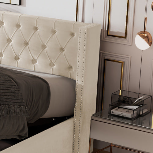 Upholstered Bed, With Hydraulic Lever, Functional Bed From Storage, 150 X 200 Cm, Without Mattress, Velvet, Beige
