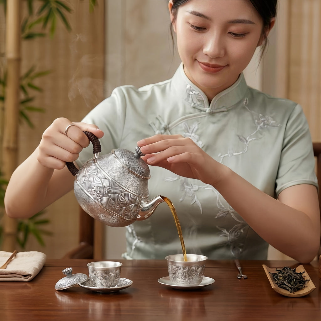 Pure 999 Fine Silver Artistic Silver Teapot Featuring Intricate Hand-Engraved Wave Motif and Textured Finish - Handicraft