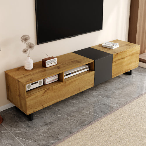 Colorblock TV Cabinet, Simple Contrasting Color Design, Three Doors And Two Compartments, U-Shaped Metal Legs, Retro Wood Grain