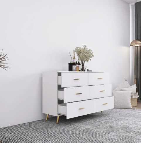 High Glossy Surface 6 Drawers Chest Of Drawer With Golden Handle And Golden Steel Legs White Color Vanity