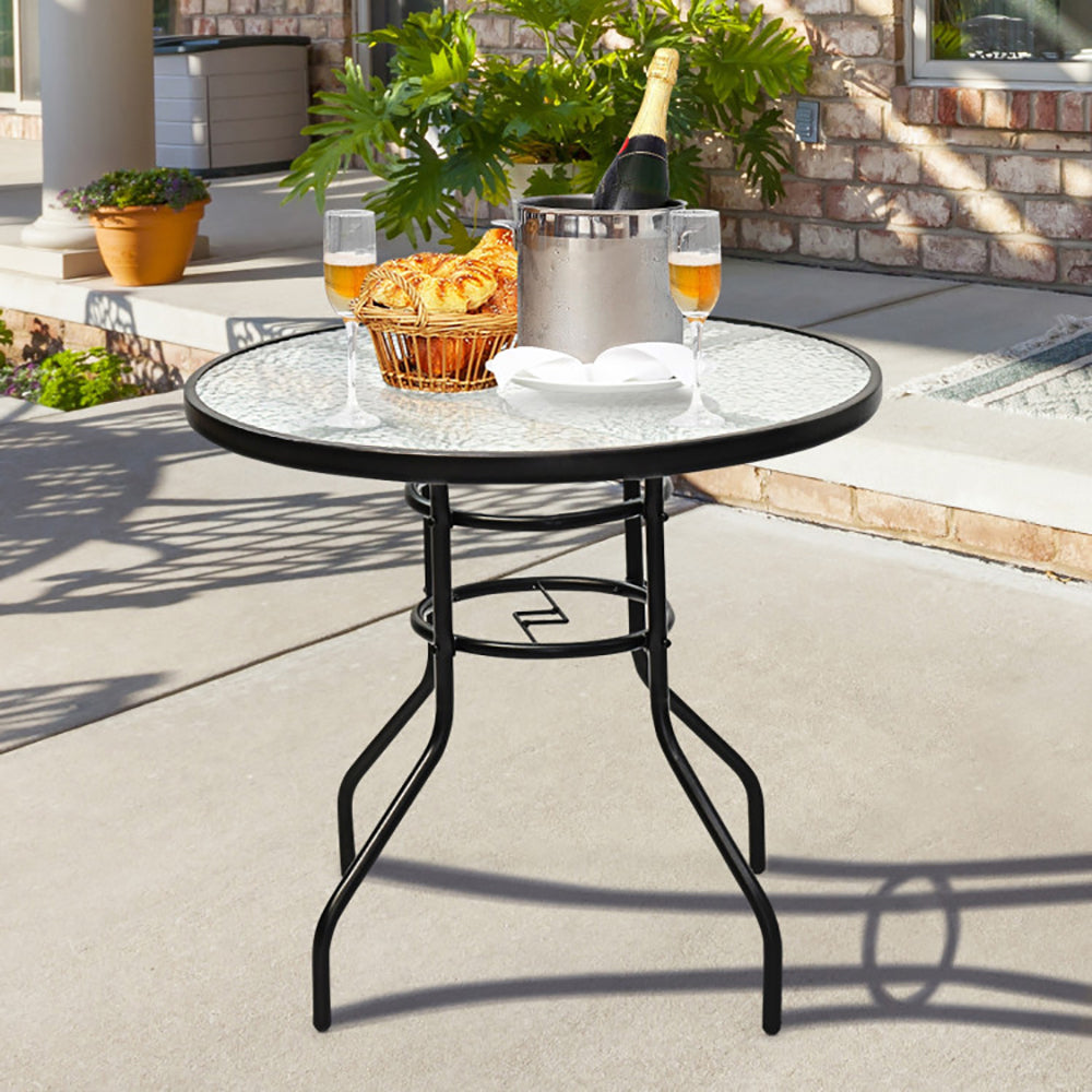 32 Inch Patio Tempered Glass Steel Frame Round Table With Convenient Umbrella Hole
