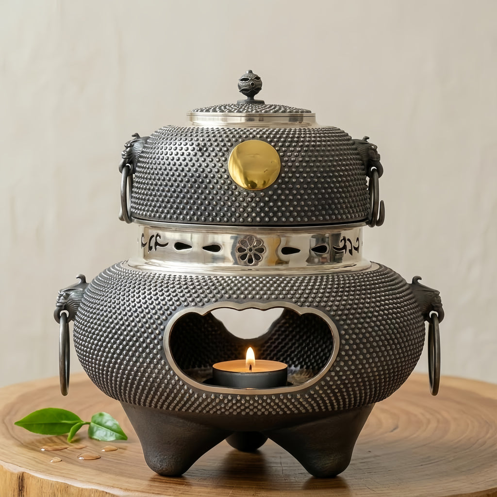 925 Sterling Silver Handcrafted Arare Textured Cast Iron Brazier with Polished Silver Accents and Shimmering Inlay - Handicraft