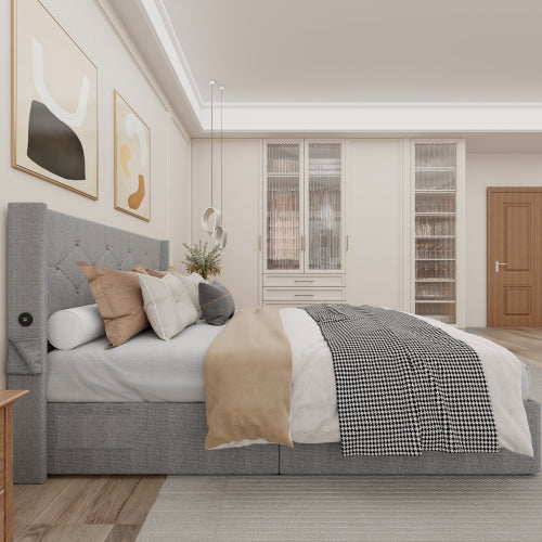 Queen Size Bed Frame With Storage - Lift Up Storage Bed With Modern Wingback Headboard, USB Ports