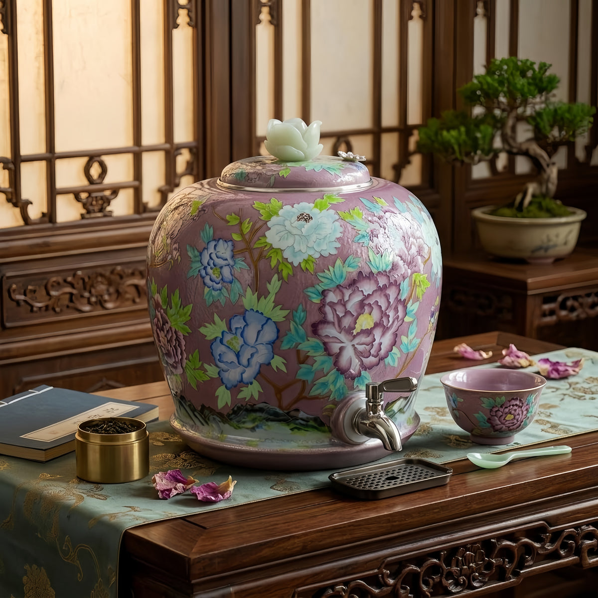 925 Sterling Silver Elegant Pink Peony Floral Ceramic Beverage Dispenser with Metal Tap - Handicraft