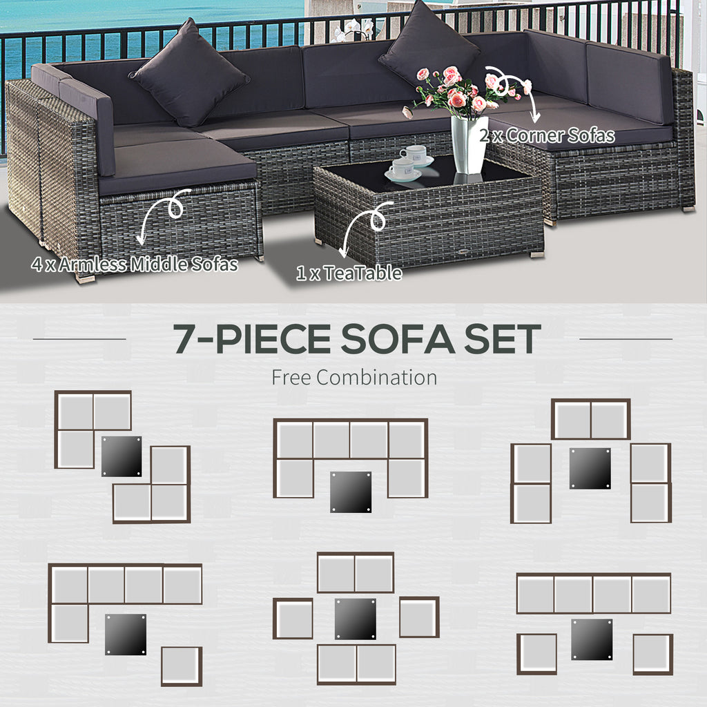 7-Piece Patio Furniture Set, Outdoor Wicker Conversation Set, All Weather PE Rattan Sectional Sofa Set with Cushions and Tempered Glass Top Coffee Table, Pillows, Gray
