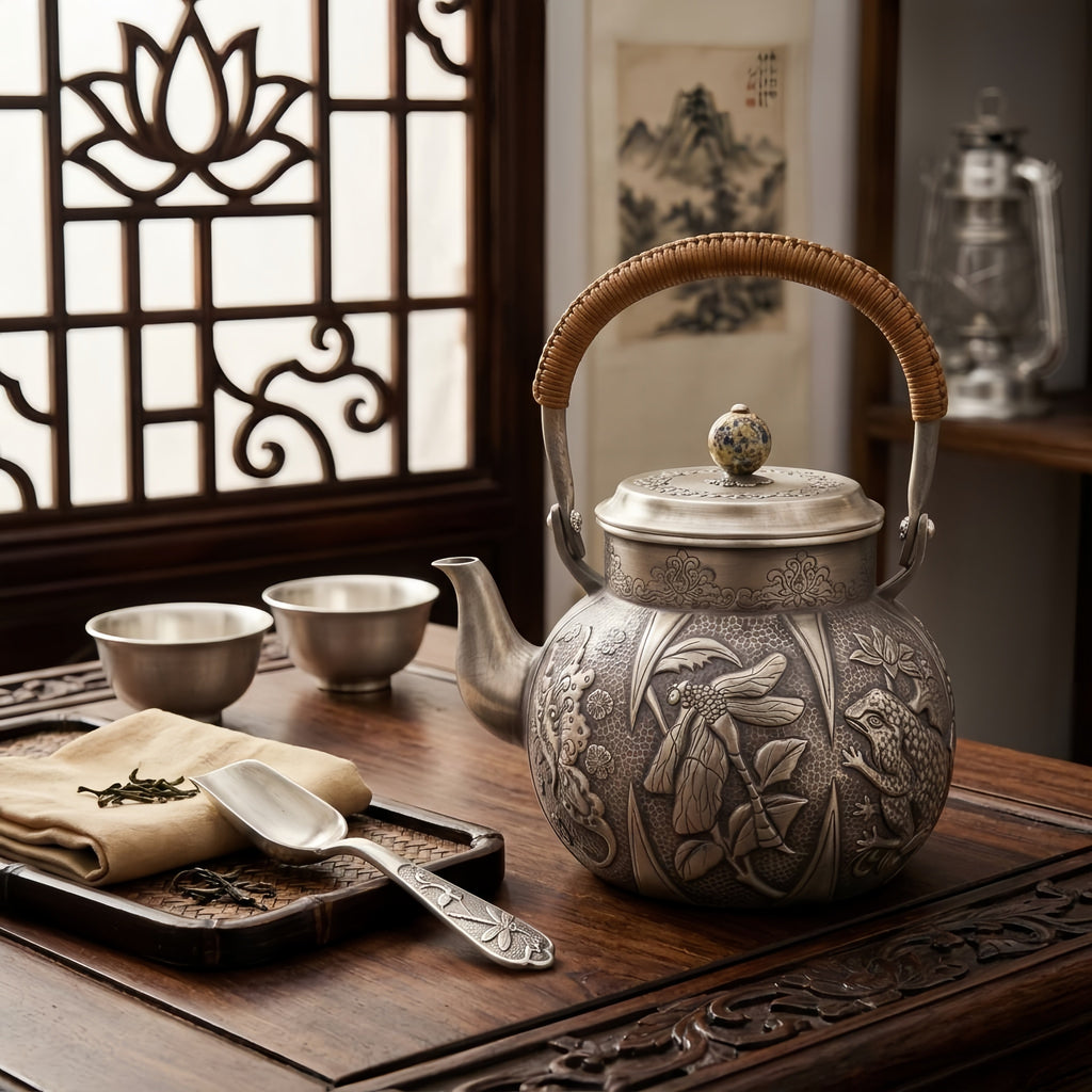 925 Sterling Silver Artisan Silver-Toned Teapot with Dragonfly, Butterfly, and Frog Nature Relief - Handicraft