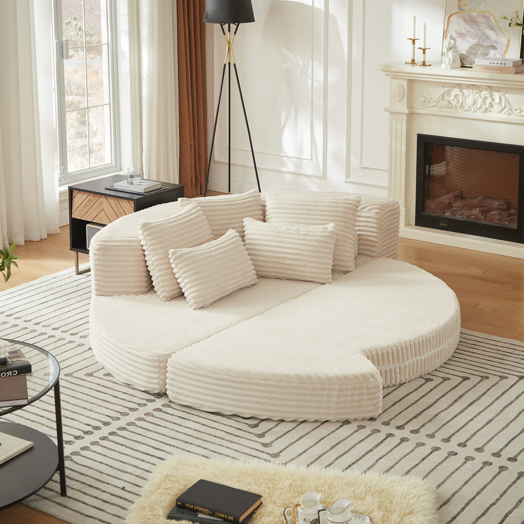 78.5-Inch Corduroy Semi-Circular 2-in-1 Sofa Bed, Designer Recliner With Neck Pillow And Five Throw Pillows In Living Room