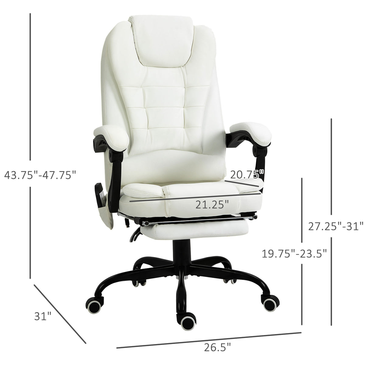 7-Point Vibrating Massage Office Chair High Back Executive Recliner with Lumbar Support, Footrest, Reclining Back, Adjustable Height, White