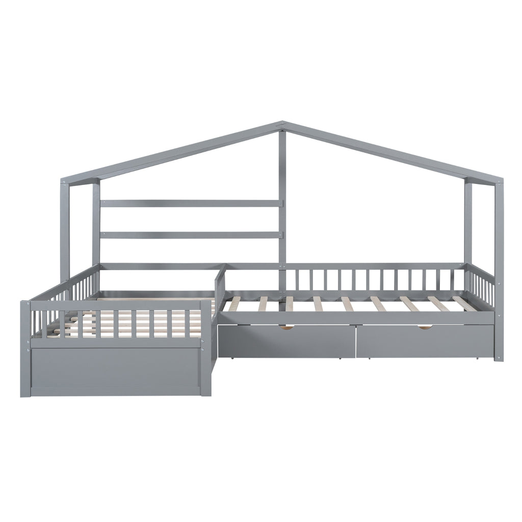 Twin Size House Platform Bed With Three Storage Drawers,Gray