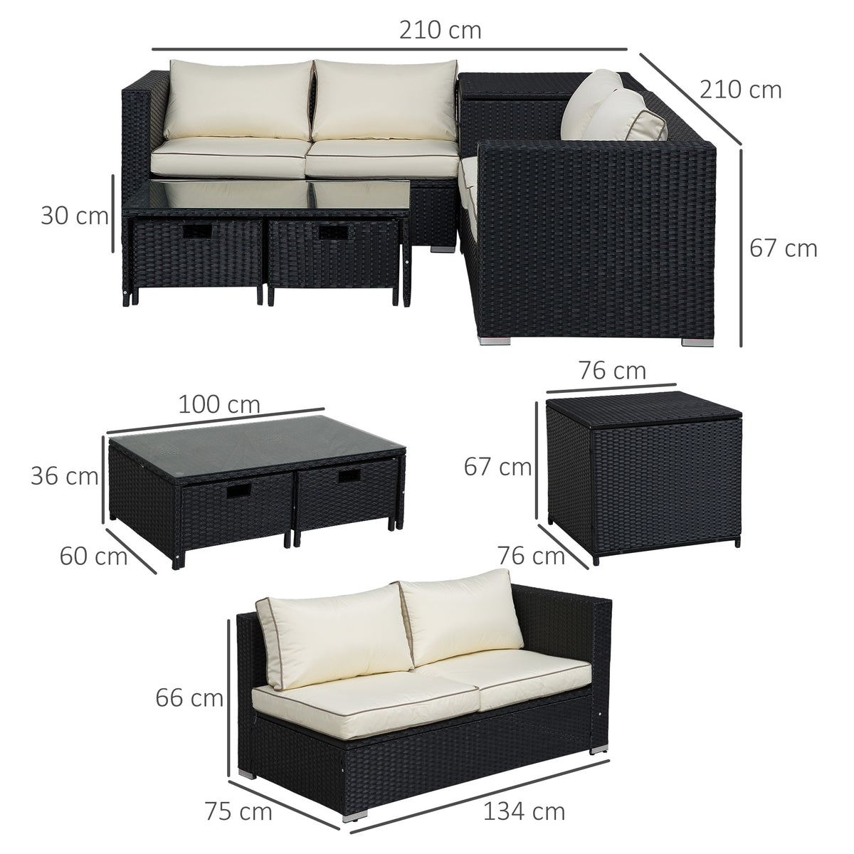 4 Pieces Rattan Garden Furniture Set, 4 Seater Corner Sofa Set With Storage Box, 2 Drawers Coffee Table, Loveseats With Cushions, Wicker Garden Conservatory Furniture For Balcony, Black