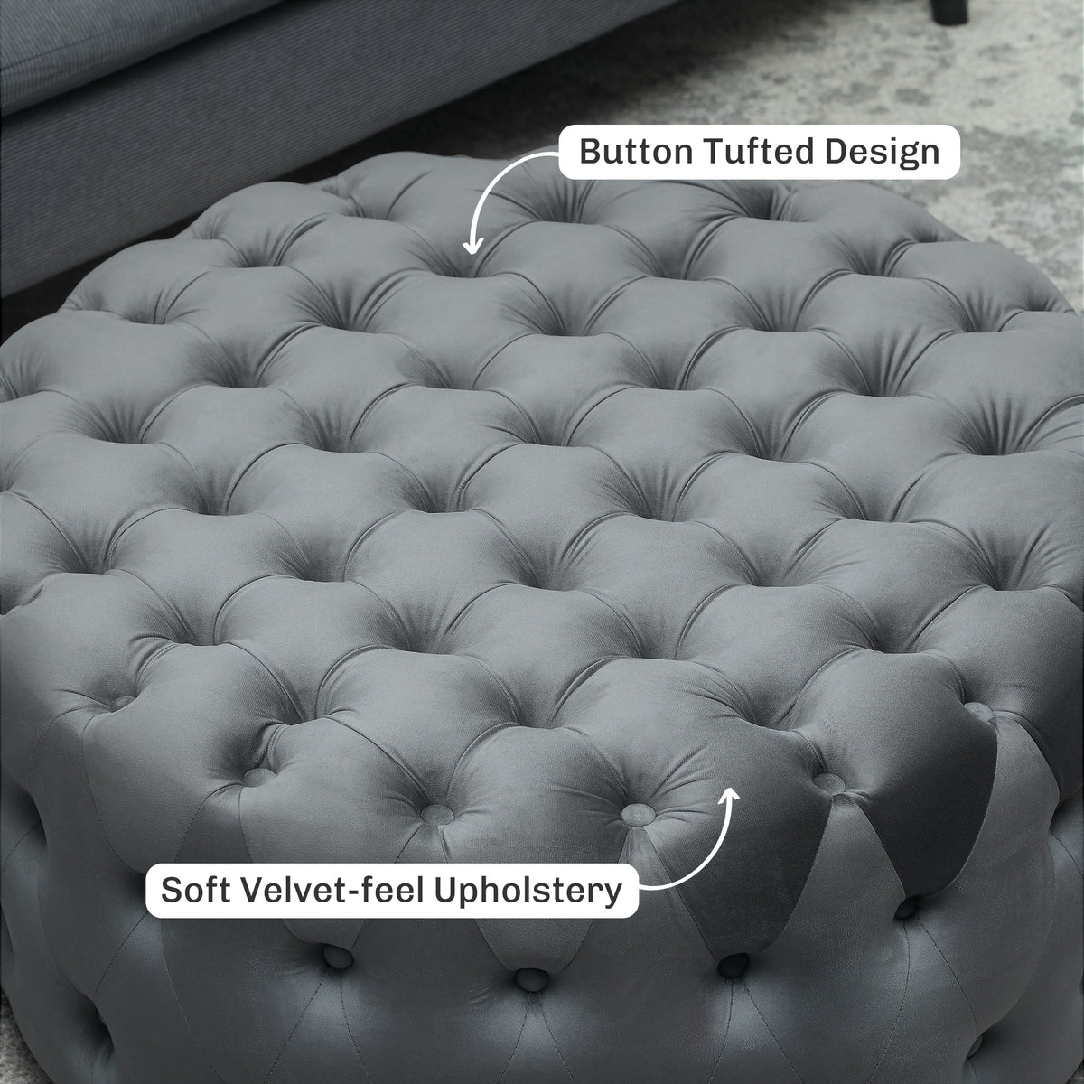 Round Ottoman Coffee Table With Velvet-feel Upholstery, Button Tufted Design And Padded Seat, Dark Gray