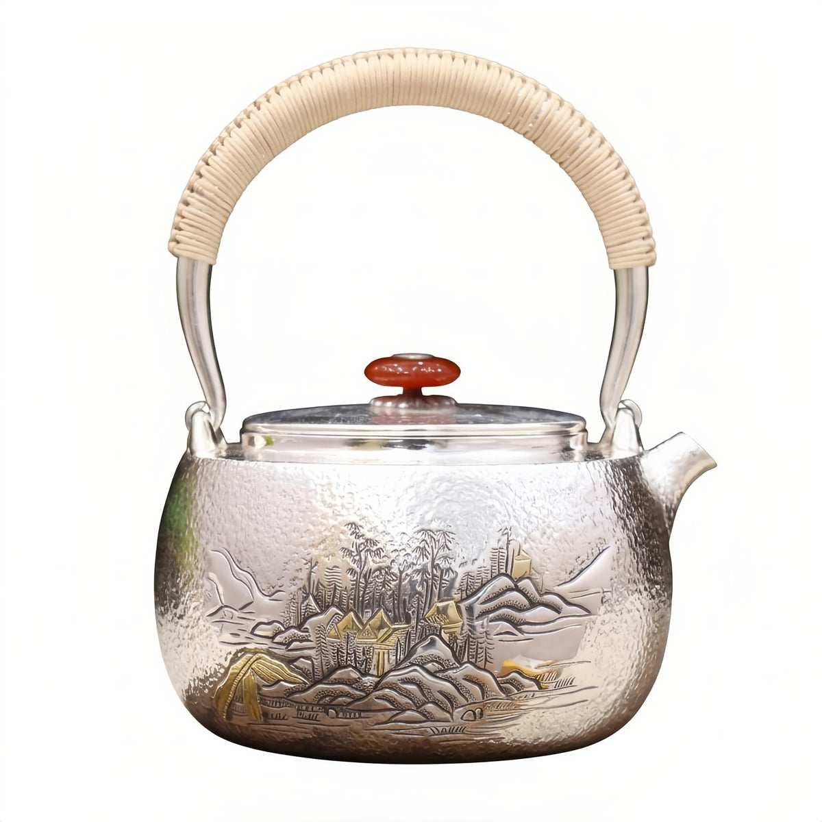 Pure 999 Fine Silver Handcrafted  Teapot with Bamboo Handle and Engraved Landscape Artwork-Fine large teapot - Handicraft