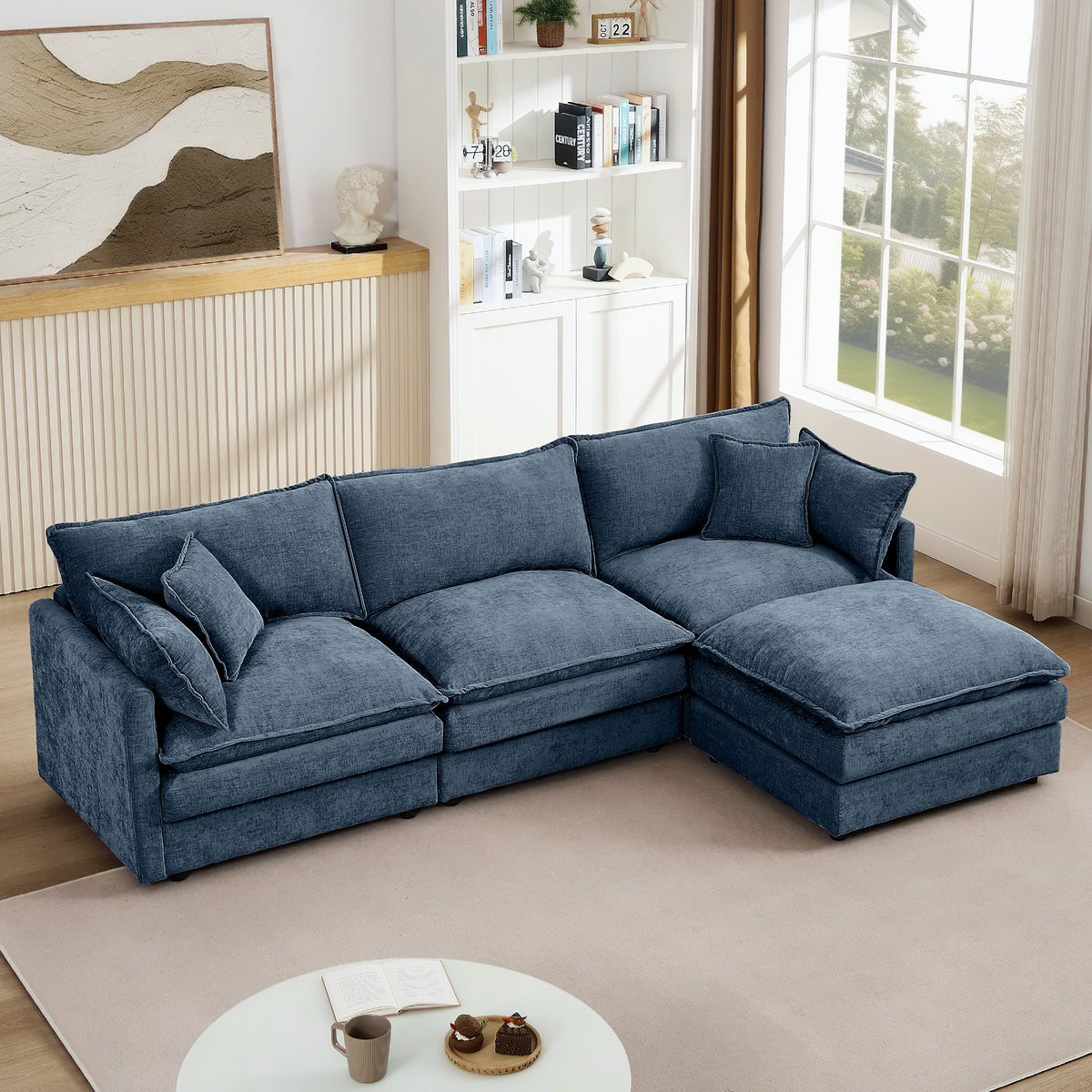 Modular Sectional Sofa, 102 Inch L Shaped Couch Set For Living Room, 3-Seater Comfy Cloud Couches With Movable Ottoman, DIY Combination, Chenille, Blue
