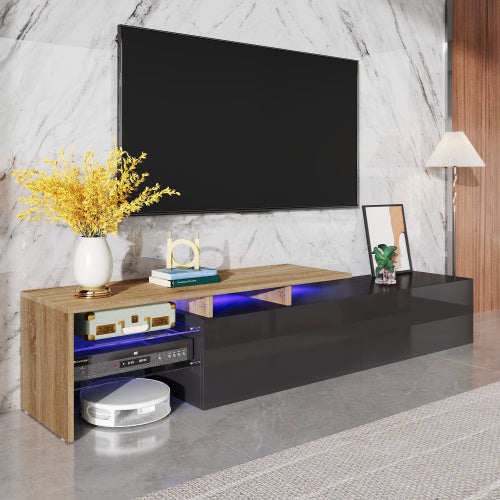 Modern TV Cabinet Design Stylish And Elegant, Practical Storage Space, Black And Wood Look, Glass Shelves, LED Lighting