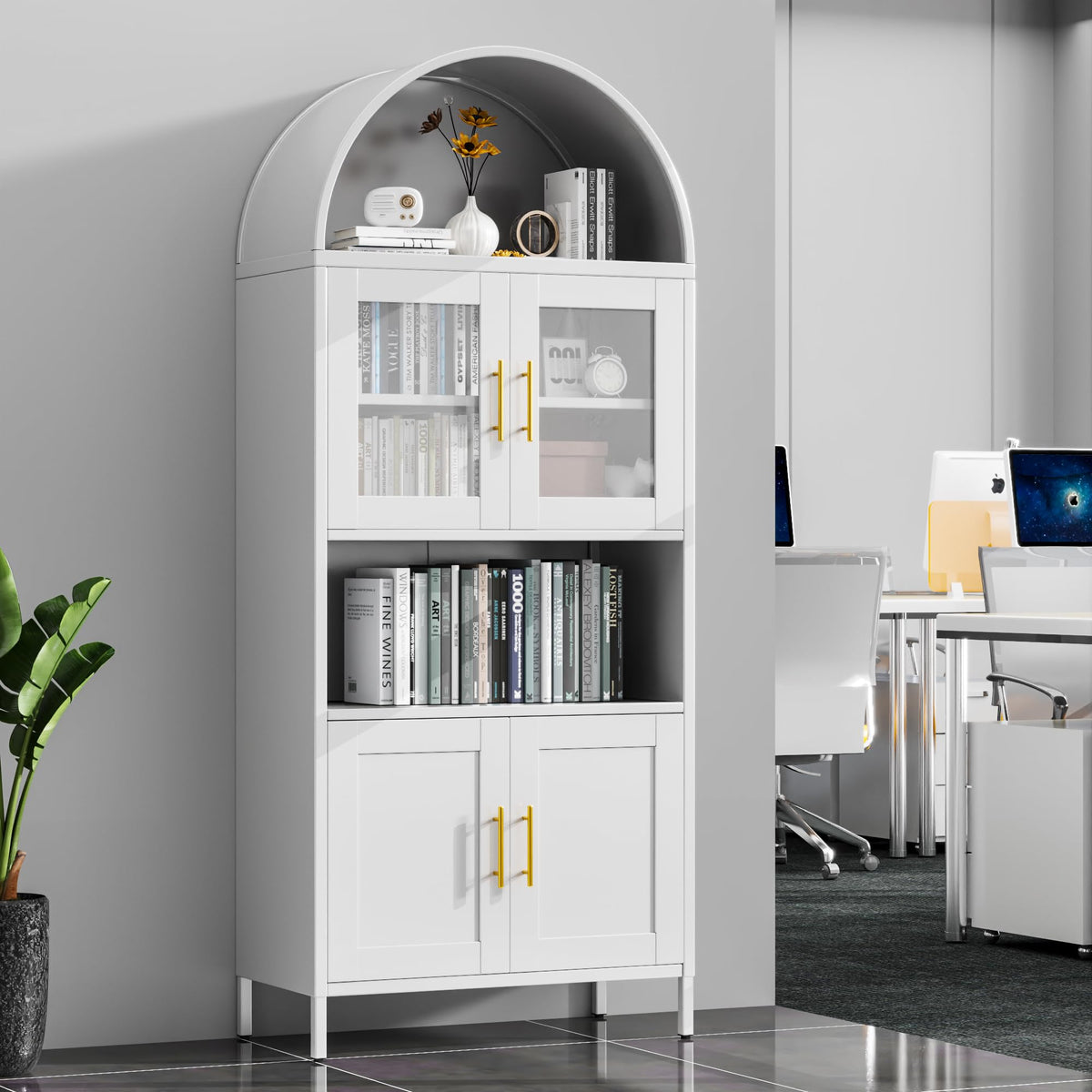 Metal Arched Cabinet,73'' Kitchen Pantry Storage Cabinet With Doors Shelves, White Arched Bookcase Display Bookshelf For Home Office Bar Living Room, Assemble Require