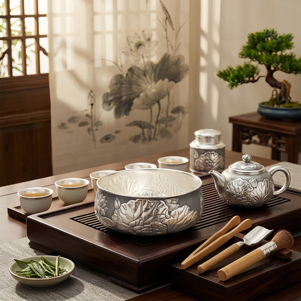 925 Sterling Silver Elegant Handcrafted Silver Lotus Relief Decorative Bowl - Handicraft