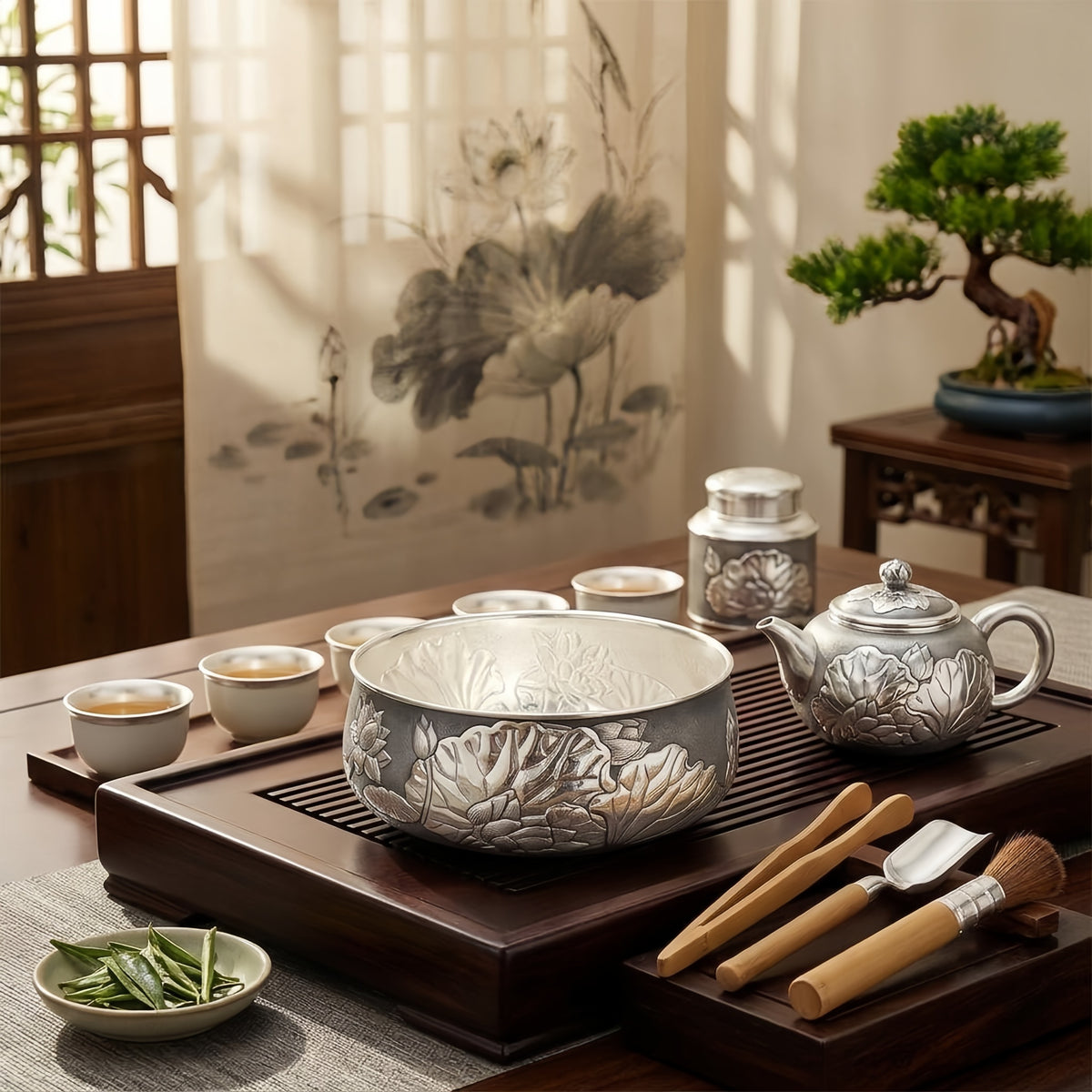 925 Sterling Silver Elegant Handcrafted Silver Lotus Relief Decorative Bowl - Handicraft