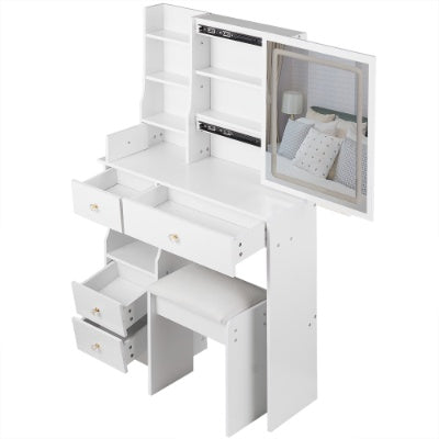 29.2 Small Size Left Drawer Desktop Vanity Table  Cushioned Stool, Large Sliding, Touch Control, Tri-color Switching, Brightness Adjust LED Mirror, High Capacity Storage, Suitable For Small Space