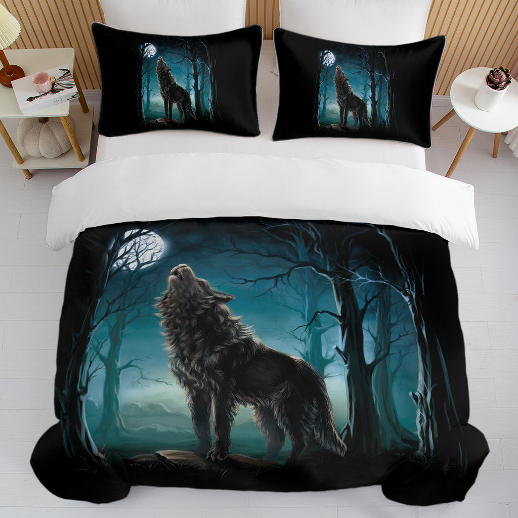 Moon Wolf Bedding Green Watercolor Forest Wolf Landscape Duvet Cover Sets 3 Pieces Wild Animal Bedding Set Twin Full Queen King Size