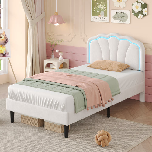 3ft Single Upholstered Bed With LED Adjustable Shell Shape Headboard, Soft Velvet Bed Frame With Solid Wood Slat, No Box Spring Needed, Easy Assembly, Cream White No Mattress