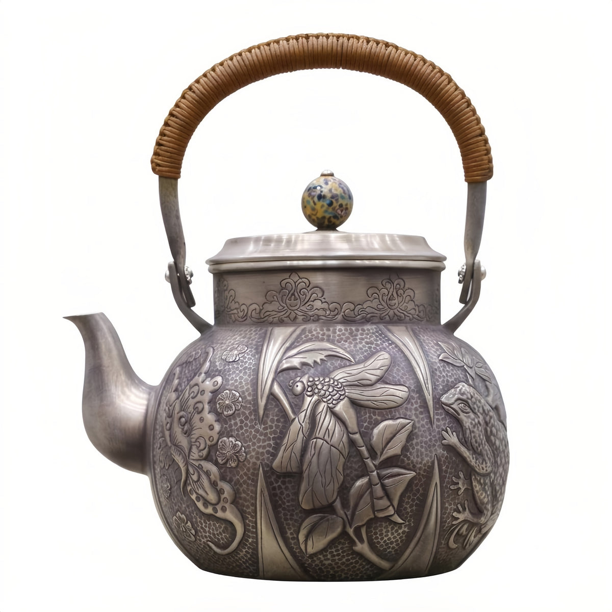 925 Sterling Silver Artisan Silver-Toned Teapot with Dragonfly, Butterfly, and Frog Nature Relief - Handicraft