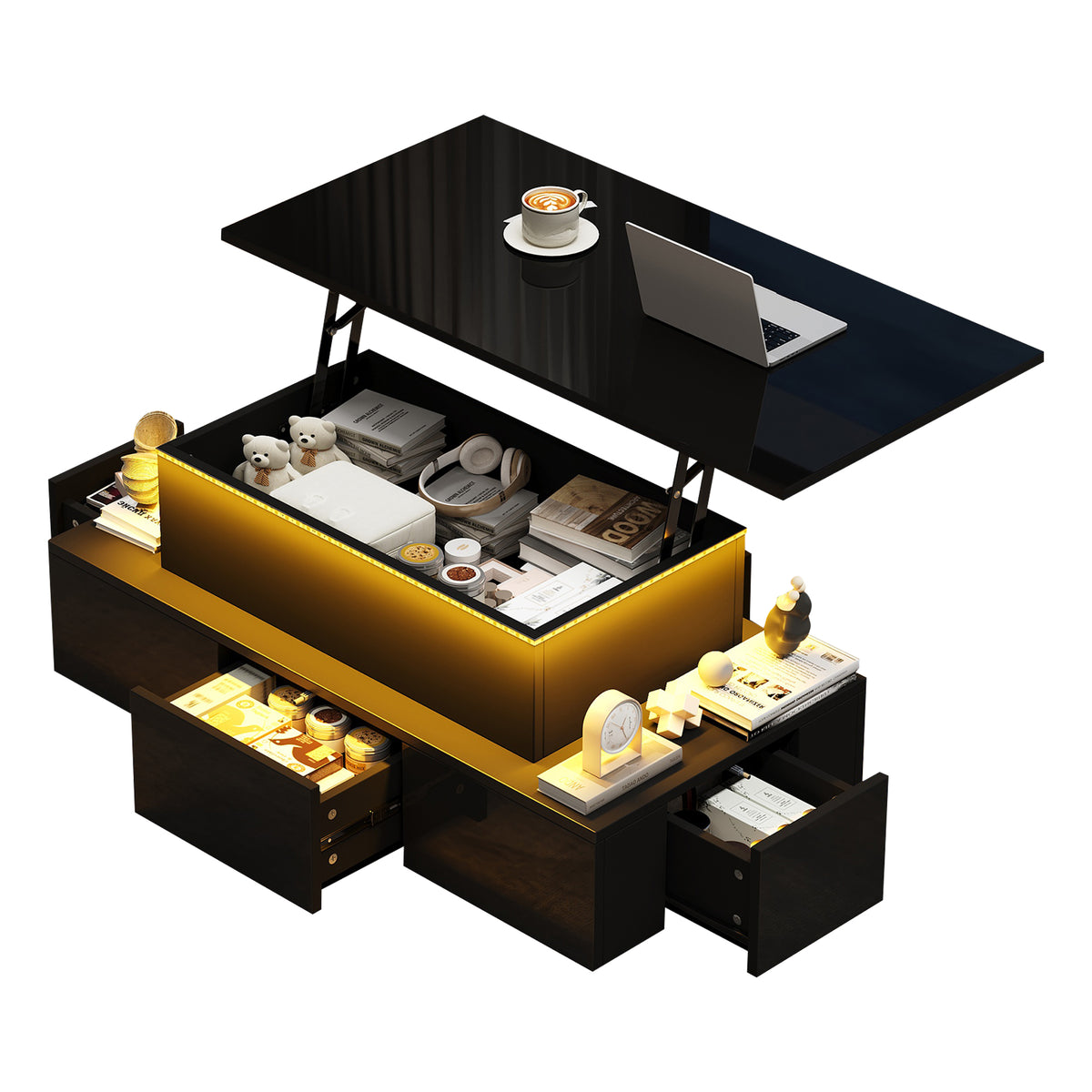 100x50x40cm Liftable Coffee Table With 4 Drawers, High-gloss Side Table With LED Lighting, Sofa Table, Coffee Table, Living Room Table With Hidden Storage, Black, MDF