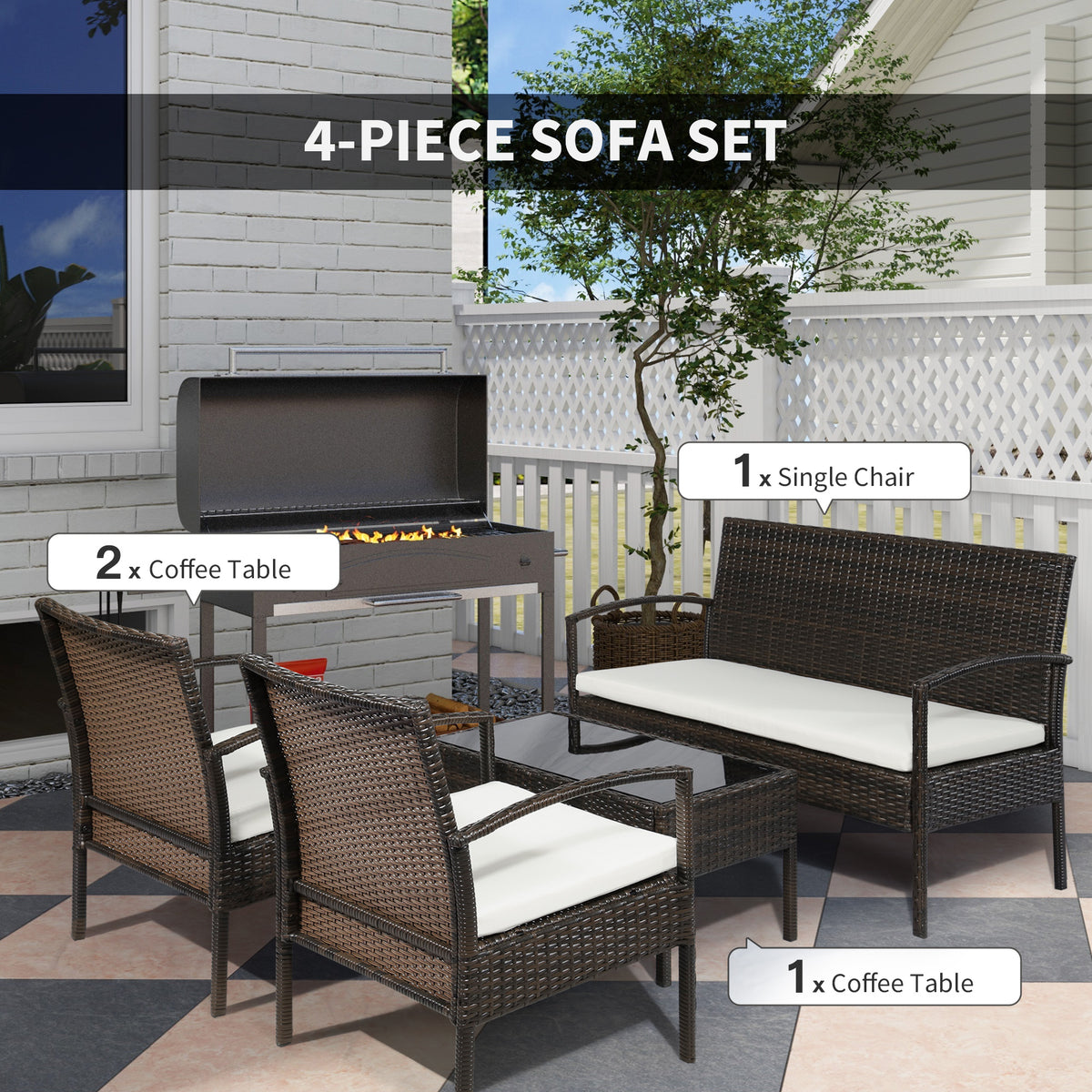 Patio Furniture Set, 4 Piece Indoor Outdoor PE Wicker Conversation Set with Chairs, Loveseat Sofa, Cushions, Glass Table for Backyard, Sunroom, Pool, Garden, Brown