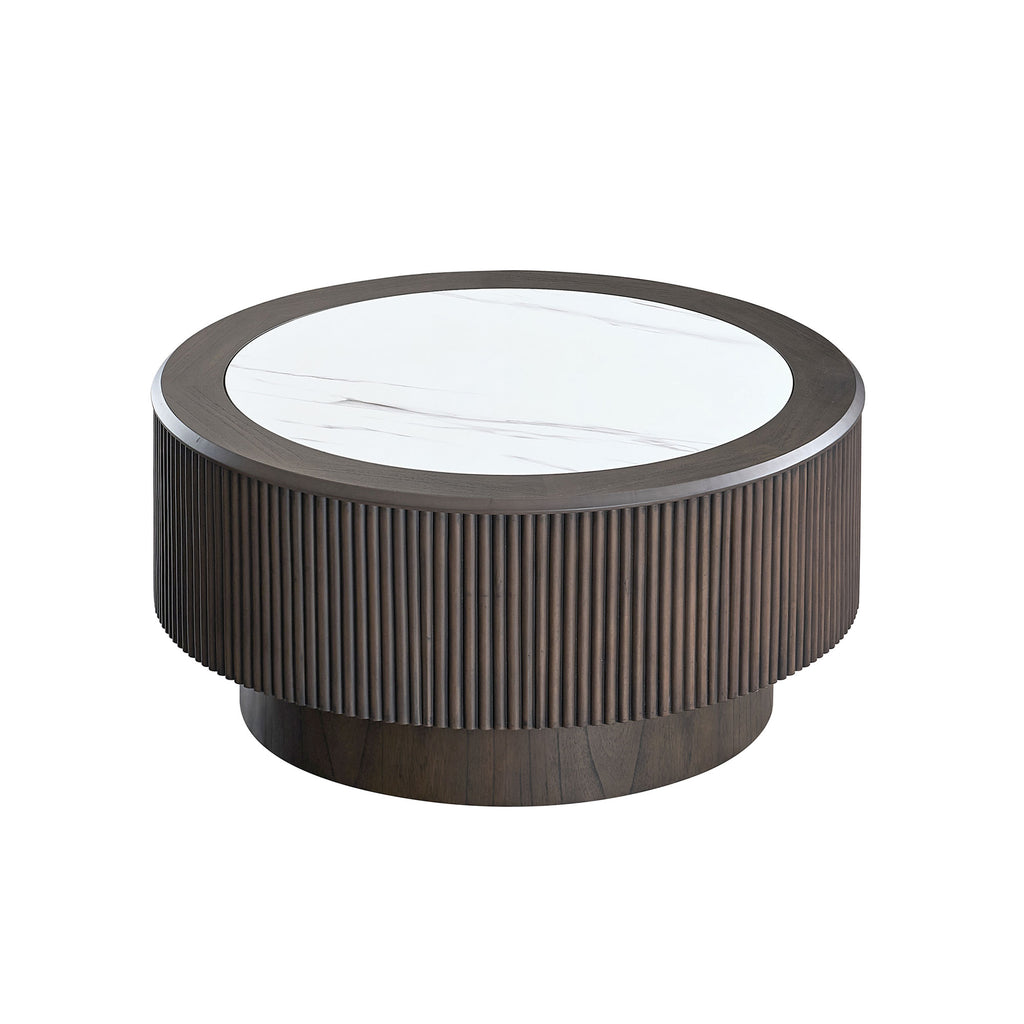 Modern Faux Marble Pattern Stickers Coffee Table Set,31.5 And 23.62 Inch Round End Coffee Table For Living Room,MDF Coffee Table With Sturdy Pedestal For Office,Dark Brown