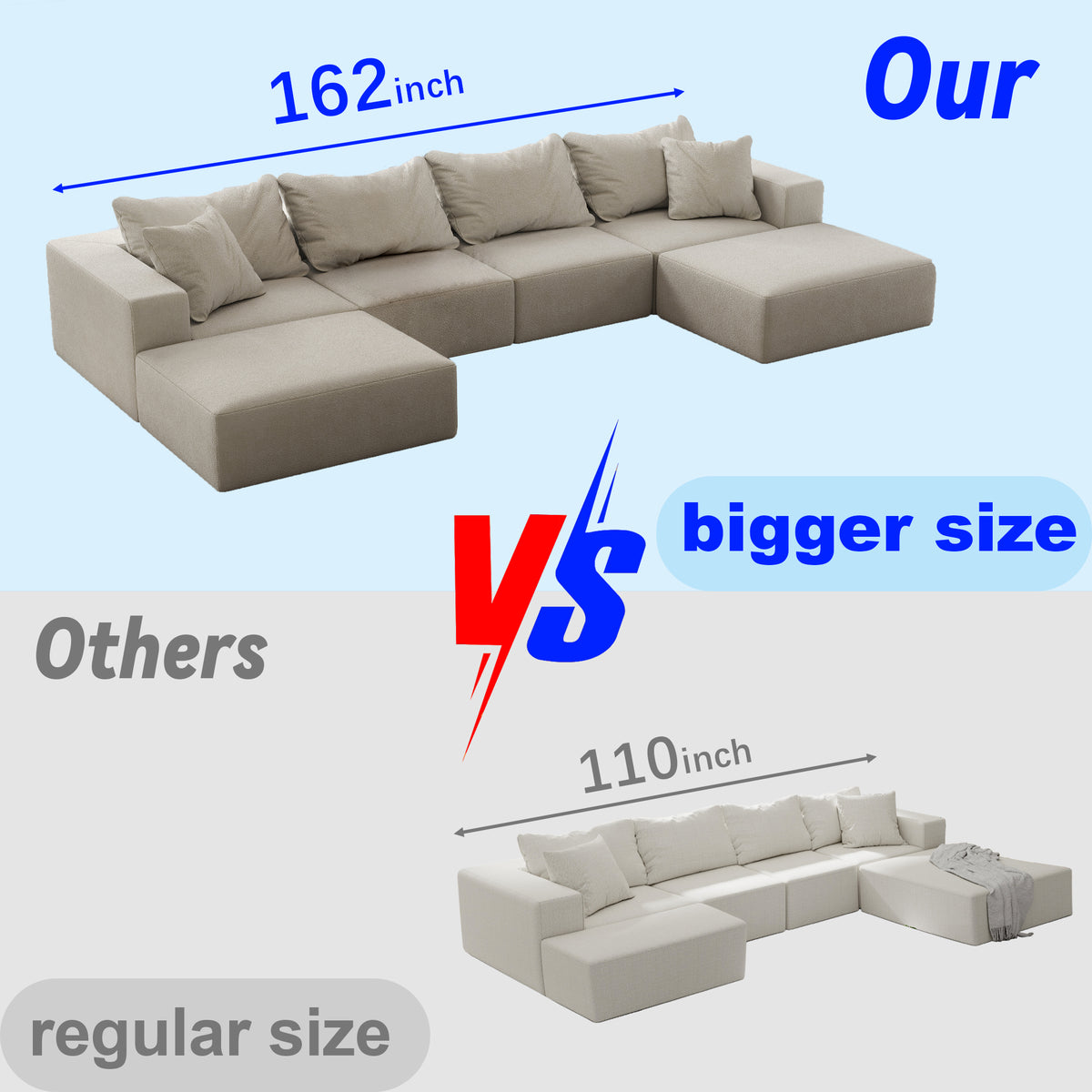 Oversized Sponge Cloud Sofa,Modern Upholstered Sectional Sofa Couch Set,Modular 162  L Shaped Sectional Living Room Sofa Set With 6 Pillows,Free Combination Sofa Couch For Living Room,Bedroom